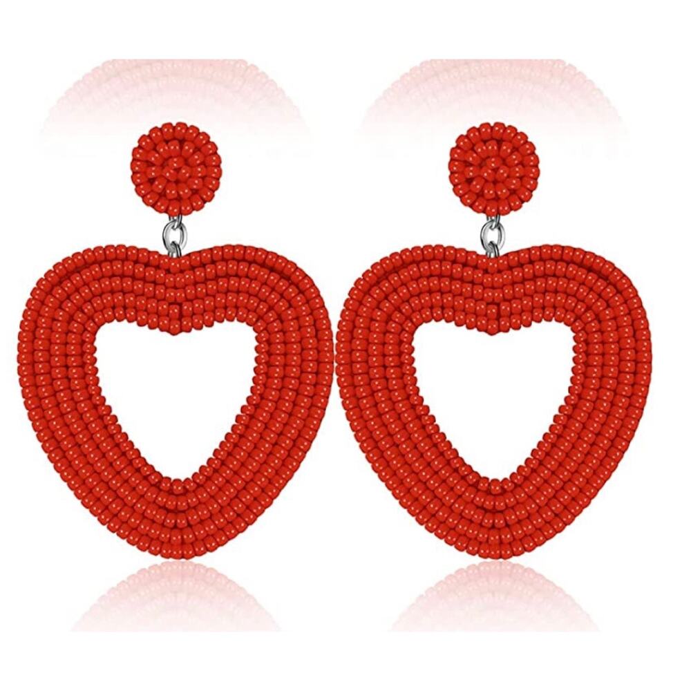 Red Seed Bead Boho Heart Earrings